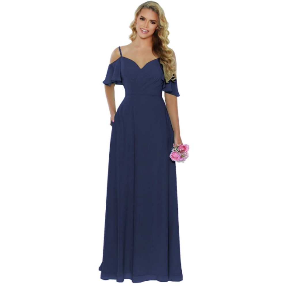 BOLENSEY Off The Shoulder Chiffon Bridesmaid/Prom Dress (Navy Blue)